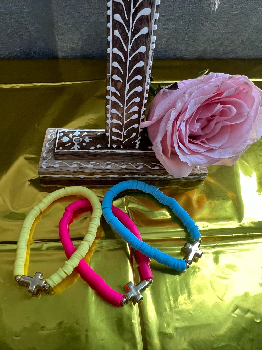 Bright Heishi Stackable Bracelets with Cross Charm - Pink, Blue, Yellow
